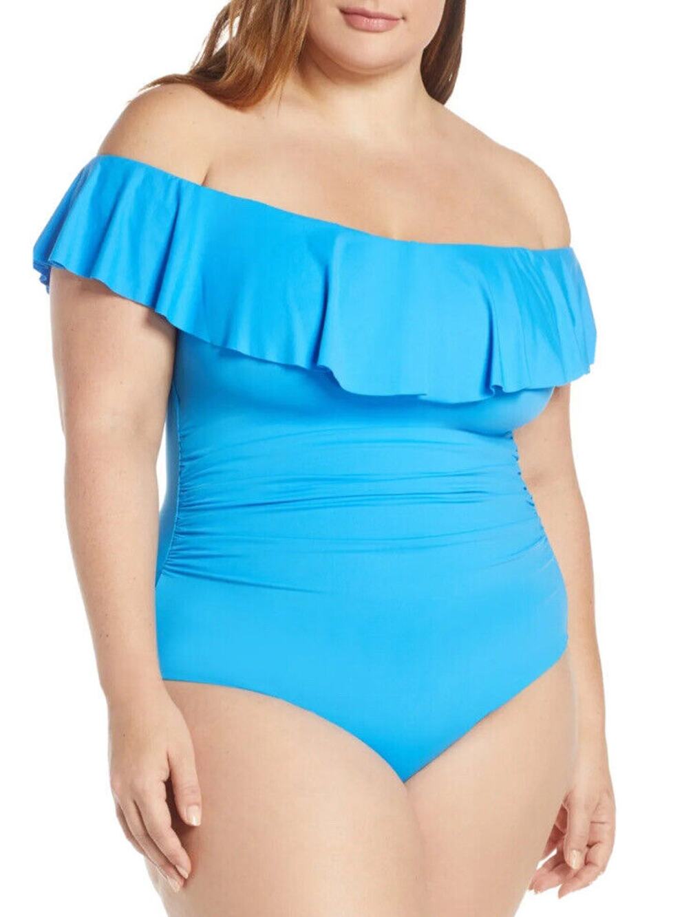 La Blanca Island Goddess Off the Shoulder One Piece Blue Swimsuit Size 20W